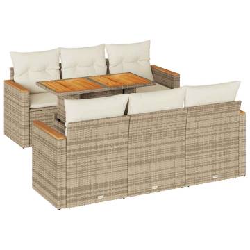 7 Piece Beige Garden Sofa Set with Cushions - Poly Rattan