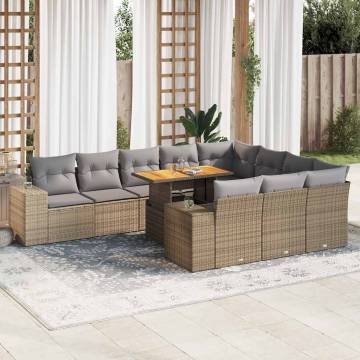 10 Piece Beige Garden Sofa Set with Cushions | Poly Rattan