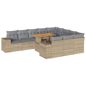 10 Piece Beige Garden Sofa Set with Cushions | Poly Rattan