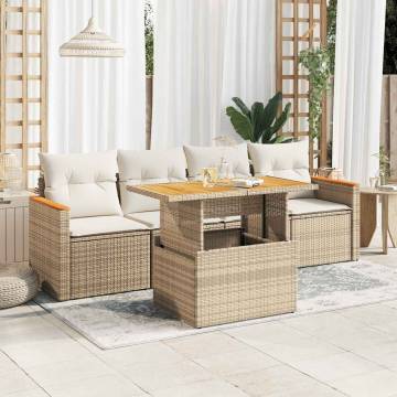 5 Piece Garden Sofa Set with Cushions - Beige Poly Rattan