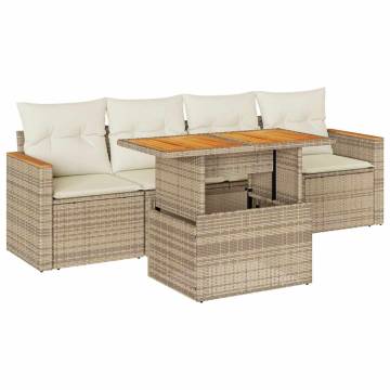 5 Piece Garden Sofa Set with Cushions - Beige Poly Rattan