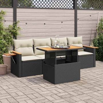 5 Piece Garden Sofa Set with Cushions - Black Poly Rattan