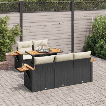 6 Piece Garden Sofa Set with Cushions - Black Poly Rattan