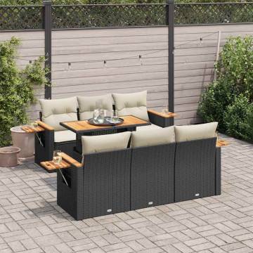 7 Piece Garden Sofa Set - Black Poly Rattan & Acacia