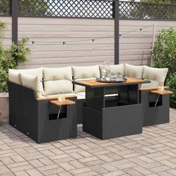 7 Piece Garden Sofa Set - Black Poly Rattan with Cushions