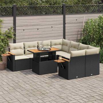 9 Piece Black Poly Rattan Garden Sofa Set with Cushions