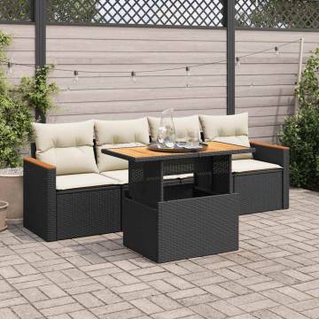 5 Piece Garden Sofa Set with Cushions - Black Poly Rattan