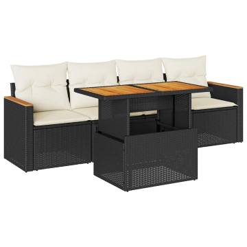 5 Piece Garden Sofa Set with Cushions - Black Poly Rattan