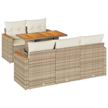 6 Piece Garden Sofa Set with Cushions - Beige Poly Rattan