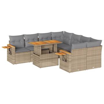 9 Piece Garden Sofa Set - Beige Poly Rattan & Acacia | HiPoMarket