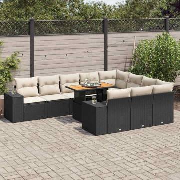 10 Piece Garden Sofa Set - Black Poly Rattan with Cushions