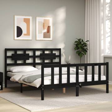 Black Bed Frame with Headboard - Solid Wood 160x200 cm