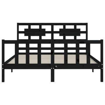 Black Bed Frame with Headboard - Solid Wood 160x200 cm