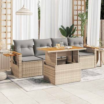 5 Piece Garden Sofa Set - Beige Poly Rattan & Cushions