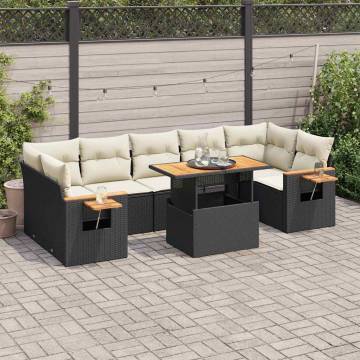 8 Piece Garden Sofa Set - Black Poly Rattan & Acacia Cushions