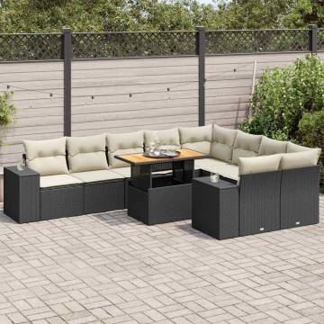 10 Piece Garden Sofa Set - Black Poly Rattan Acacia with Cushions