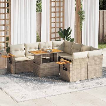 9 Piece Garden Sofa Set with Cushions - Beige Poly Rattan