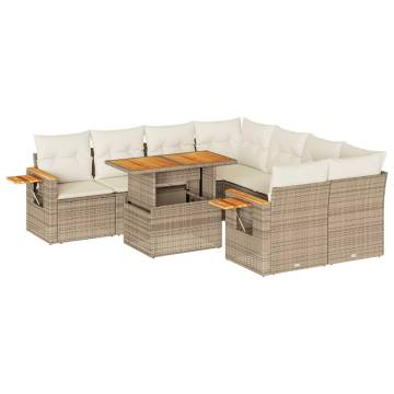 9 Piece Garden Sofa Set with Cushions - Beige Poly Rattan