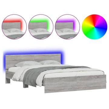 King Size Bed Frame with LED Headboard - Grey Sonoma 150x200 cm