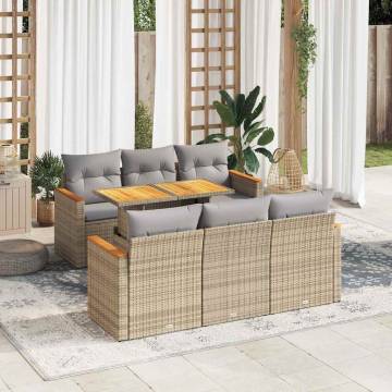  7 Piece Garden Sofa Set with Cushions Beige Poly Rattan Acacia