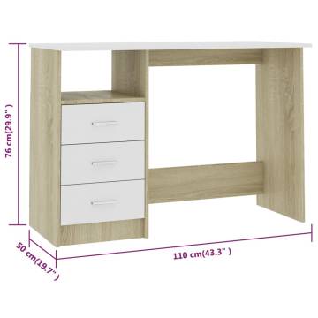 White and Sonoma Oak Desk with Drawers - 110x50 cm