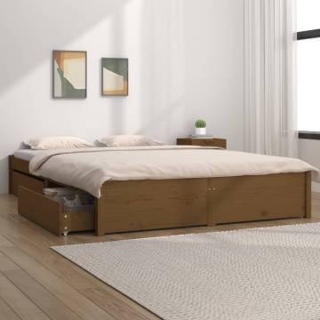 Honey Brown Double Bed Frame with Drawers - No Mattress