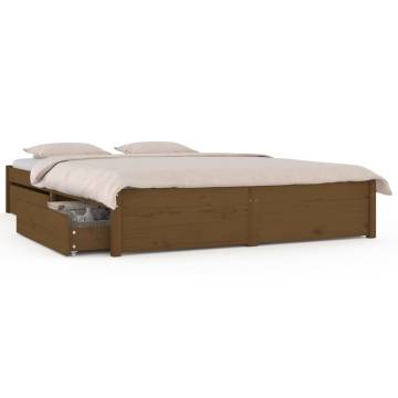 Honey Brown Double Bed Frame with Drawers - No Mattress