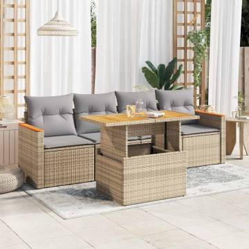 5 Piece Garden Sofa Set with Cushions - Beige Poly Rattan