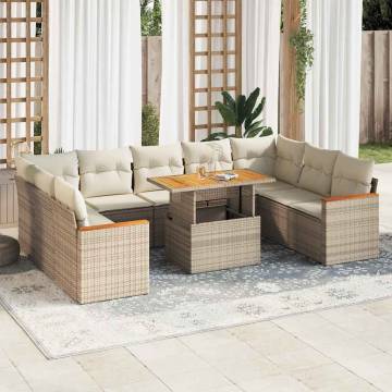 10 Piece Garden Sofa Set with Cushions - Beige Poly Rattan