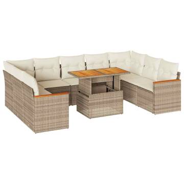 10 Piece Garden Sofa Set with Cushions - Beige Poly Rattan