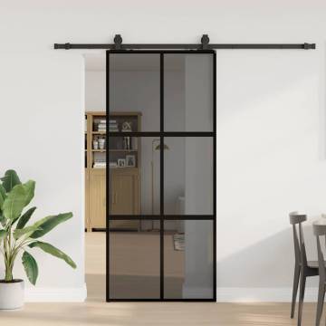 Sliding Door with Hardware Set Black 90x205 cm Tempered Glass