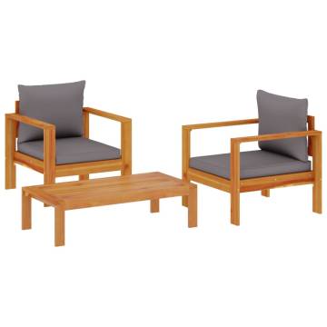 3 Piece Garden Sofa Set with Cushions - Solid Acacia Wood