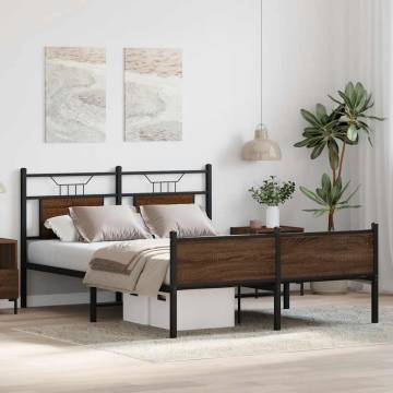 Brown Oak Bed Frame 140x190 cm | Engineered Wood & Steel