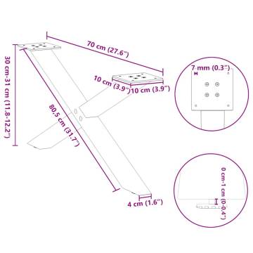 X-Shaped Coffee Table Legs - Durable Natural Steel (70x30-31 cm)