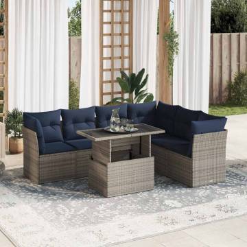 7 Piece Garden Sofa Set with Cushions - Black Poly Rattan