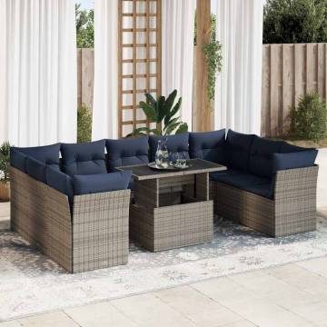 10 Piece Garden Sofa Set with Cushions - Grey Poly Rattan