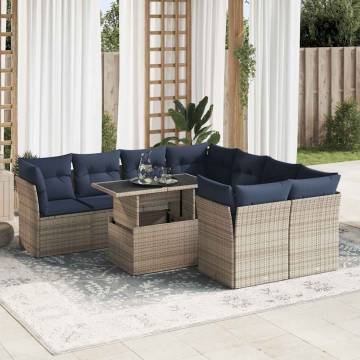 9 Piece Garden Sofa Set with Cushions - Grey Poly Rattan