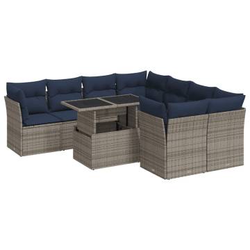 9 Piece Garden Sofa Set with Cushions - Grey Poly Rattan