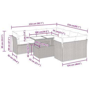 9 Piece Garden Sofa Set with Cushions - Grey Poly Rattan