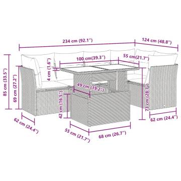 6 Piece Garden Sofa Set - Grey Poly Rattan with Cushions