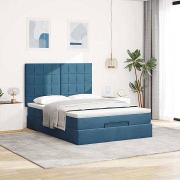 Dark Blue Ottoman Bed with Mattress - 140x200cm Velvet