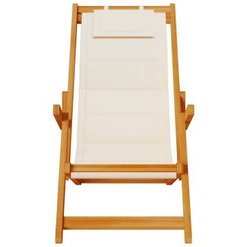 Folding Beach Chair with Armrests - Cream Acacia Wood & Textilene