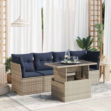 5 Piece Garden Sofa Set - Grey Poly Rattan with Cushions