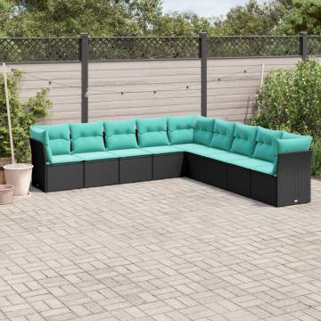 9 Piece Garden Sofa Set with Cushions - Black Poly Rattan