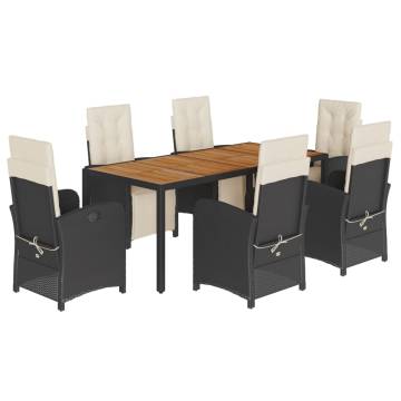 7 Piece Garden Dining Set with Cushions - Black Poly Rattan