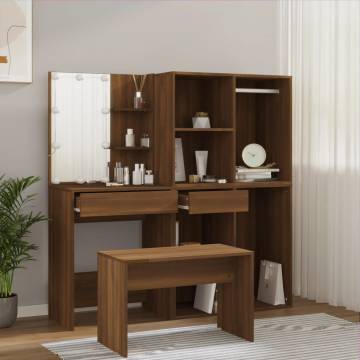 Dressing Table Set with LED - Brown Oak Engineered Wood