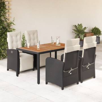 5 Piece Garden Dining Set with Cushions - Black Poly Rattan