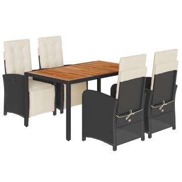 5 Piece Garden Dining Set with Cushions - Black Poly Rattan