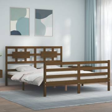 Honey Brown King Size Bed Frame with Headboard - Solid Wood