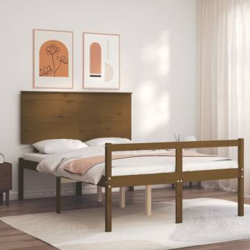 Honey Brown Double Bed Frame with Headboard - Solid Wood